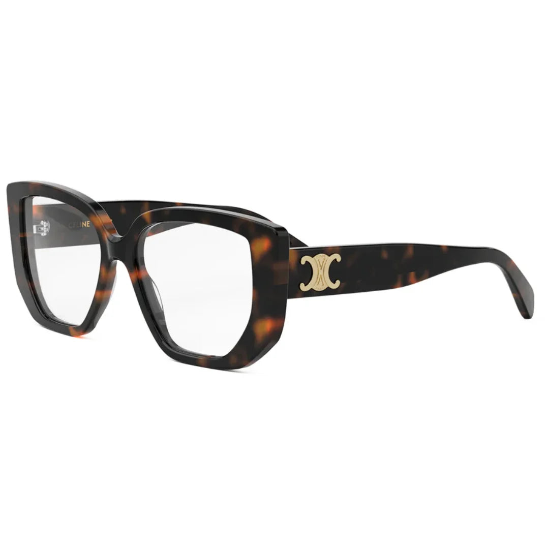 A pair of oversized square eyeglasses with a dark brown and black tortoiseshell acetate frame, featuring a gold-tone Celine Triomphe logo on the temple arm and clear lenses.