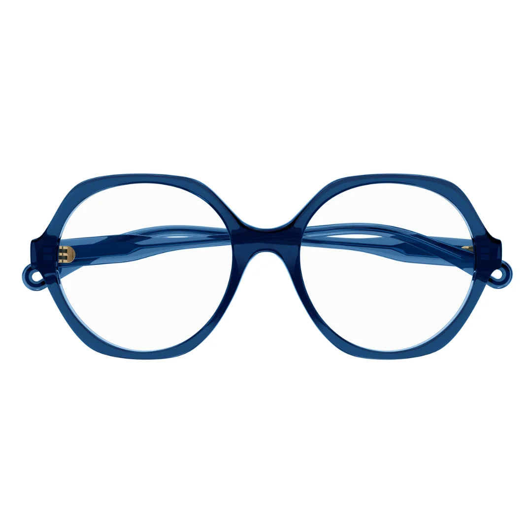 Oversized round eyeglasses with translucent dark blue frames and clear lenses, shown from a front-facing perspective on a plain white background.