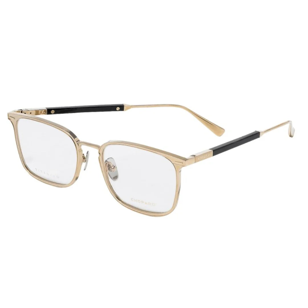 A pair of square metal Chopard eyeglasses with a gold-tone frame and black temple arms, shown on a plain white background.