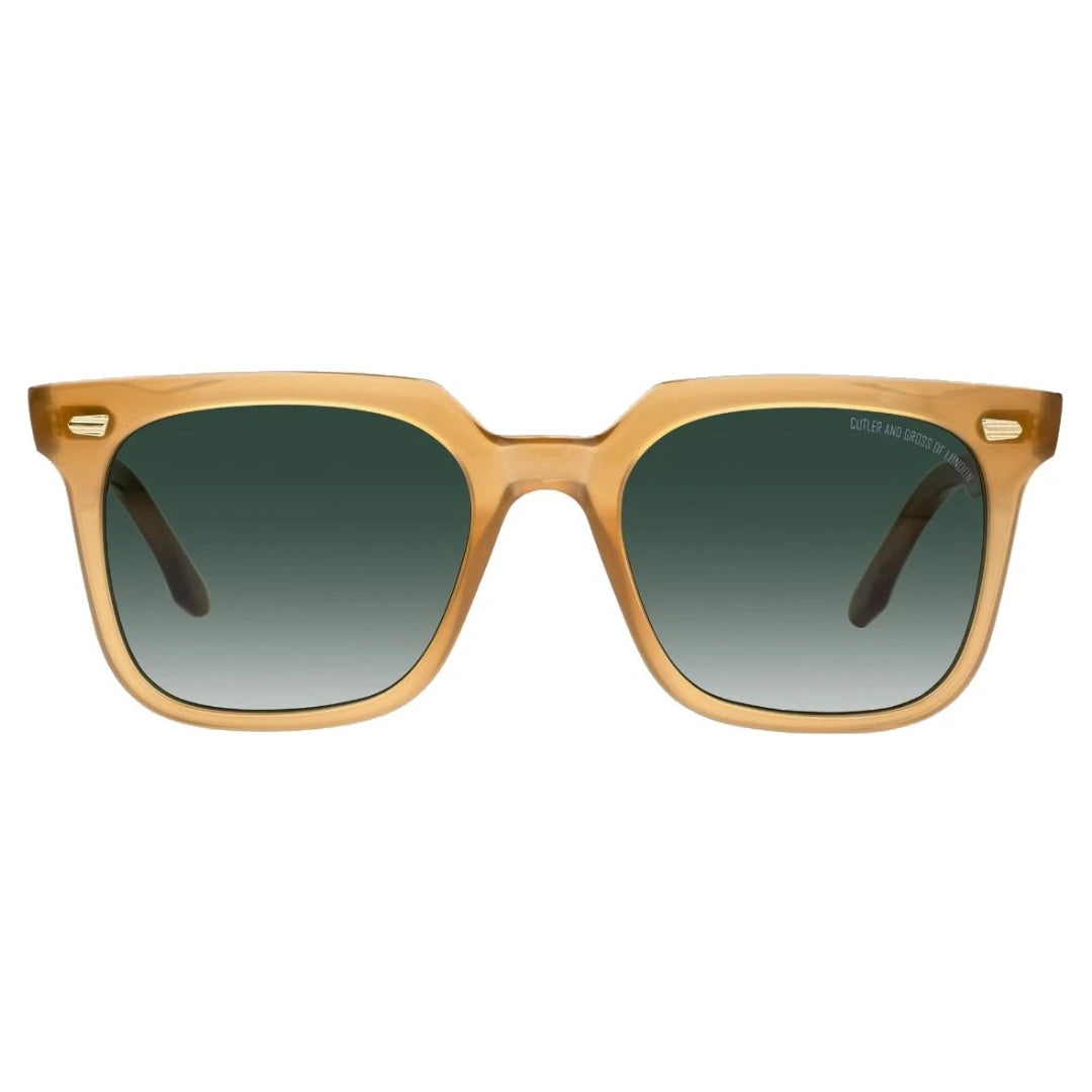 Sunglasses with a brown frame and dark lenses.