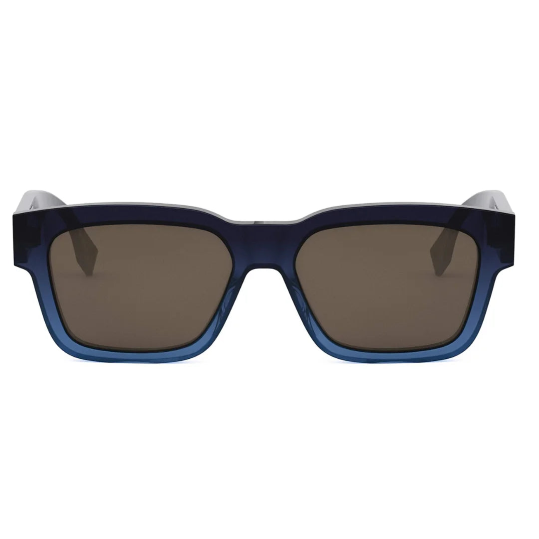 A pair of square sunglasses with a translucent blue acetate frame and dark brown lenses.