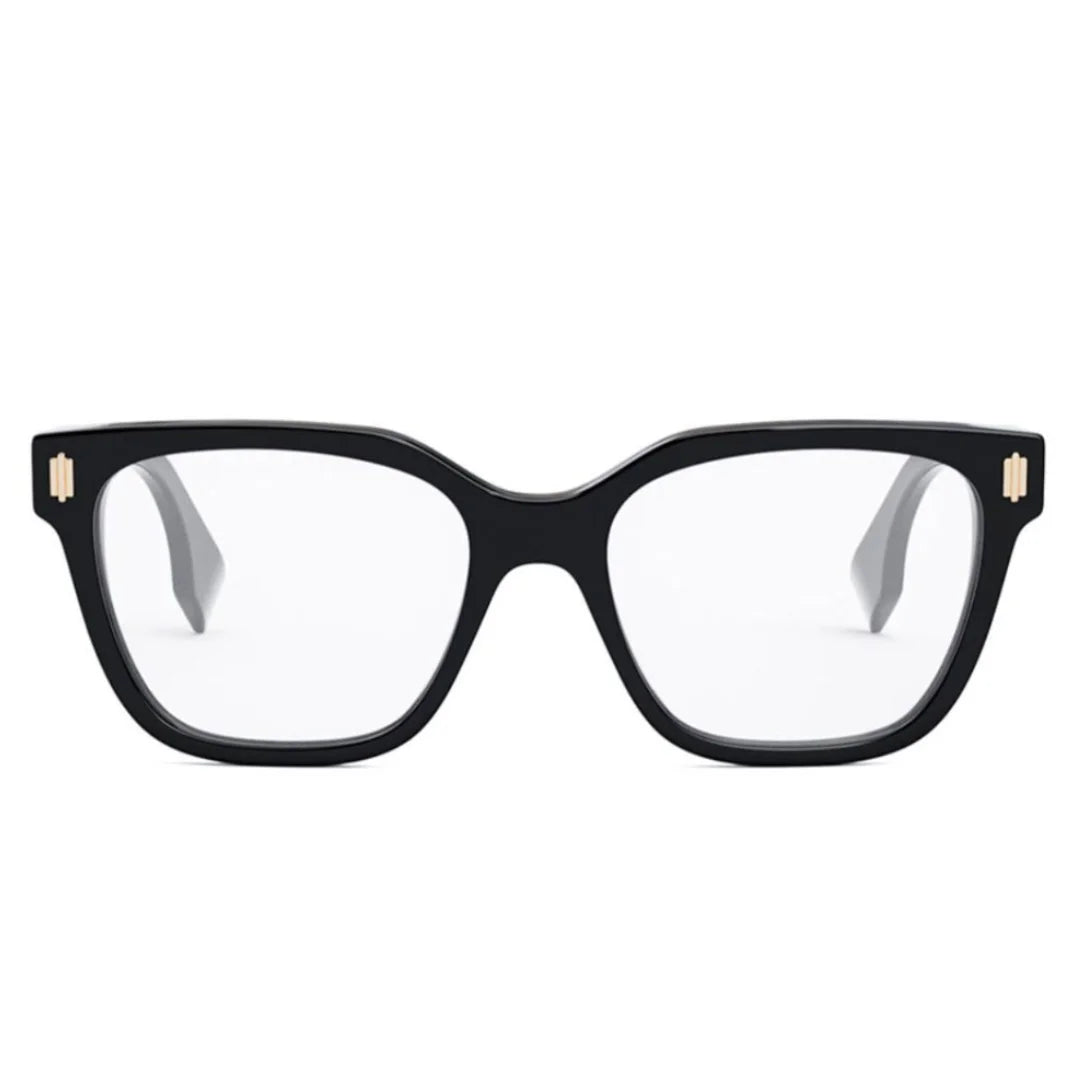 Black cat-eye eyeglasses with clear lenses and small gold metal accents on the temples, shown against a plain white background.