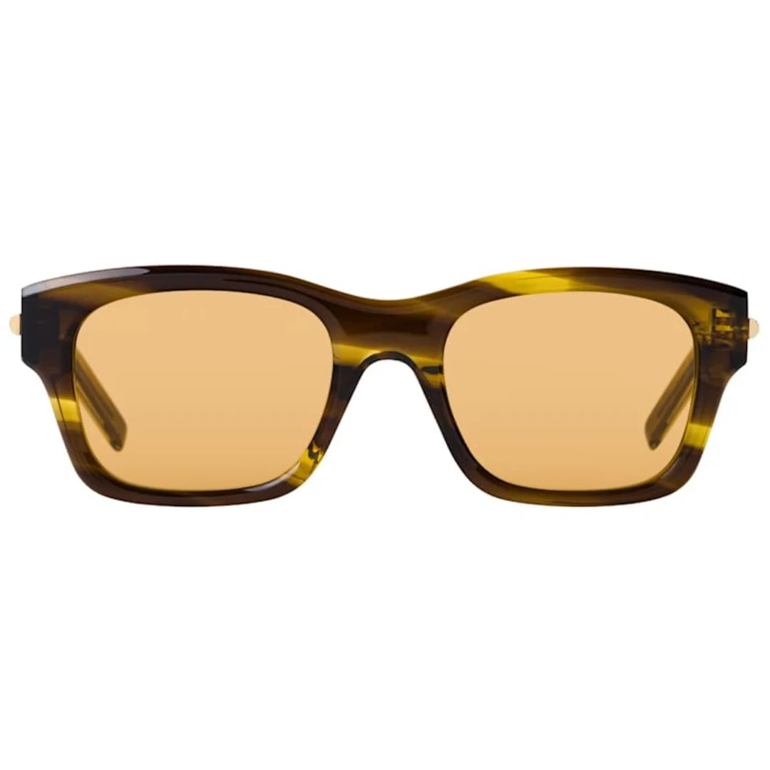 Square sunglasses with a translucent brown and amber tortoiseshell frame and warm amber-tinted lenses, shown against a plain white background.