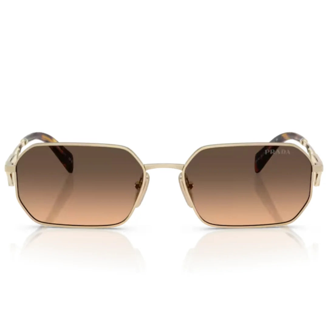 Prada square sunglasses with a gold-tone metal frame, brown gradient lenses, and tortoiseshell temple tips, shown on a white background with a reflection.