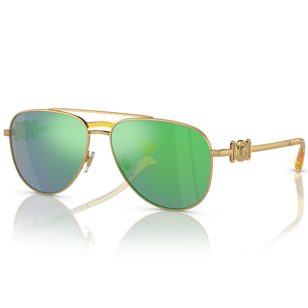 Gold-framed aviator sunglasses with mirrored green lenses, featuring a double bridge and an ornate gold temple with a decorative emblem, shown on a white background with a soft reflection.