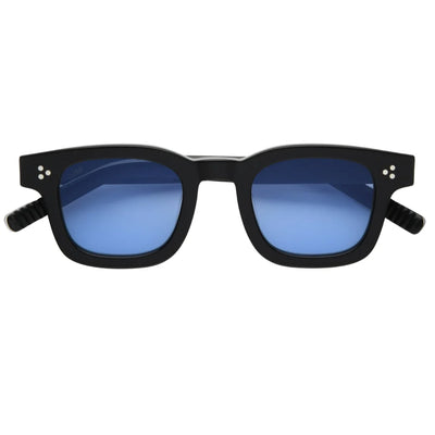 Black sunglasses with blue lenses on a white background