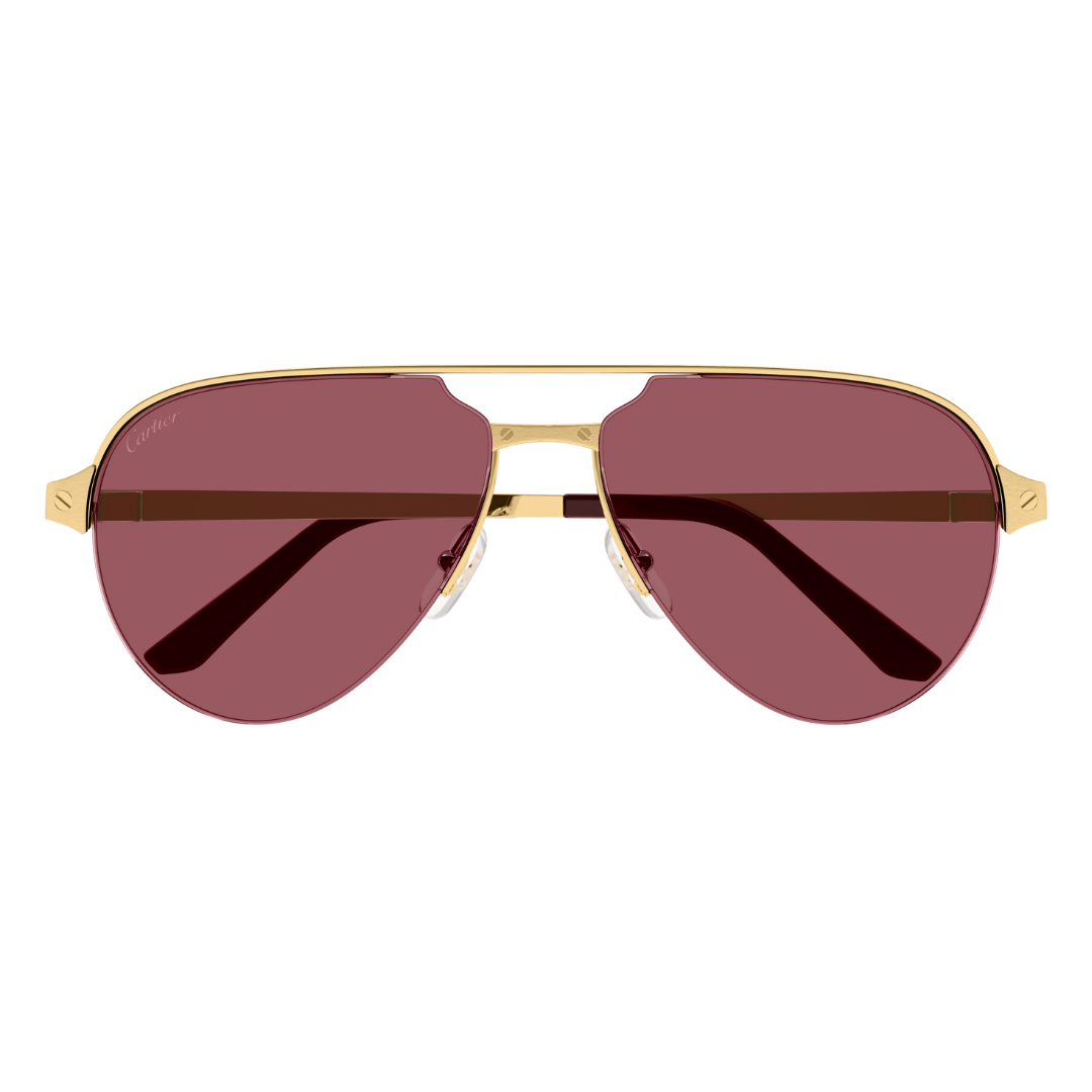 Aviator Cartier sunglasses with gold frame and red lenses on a white background