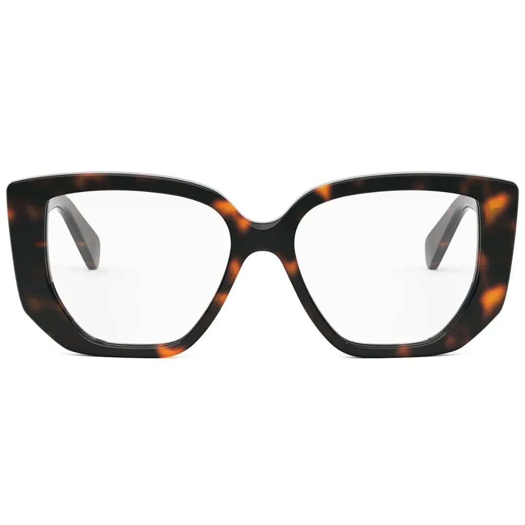 A pair of oversized square eyeglasses with a dark tortoiseshell pattern and clear lenses, shown against a plain white background.