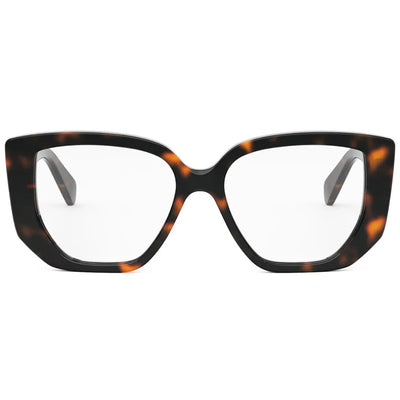 A pair of oversized square eyeglasses with a dark tortoiseshell pattern and clear lenses, shown against a plain white background.