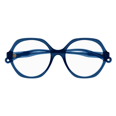 Oversized round eyeglasses with translucent dark blue frames and clear lenses, shown from a front-facing perspective on a plain white background.