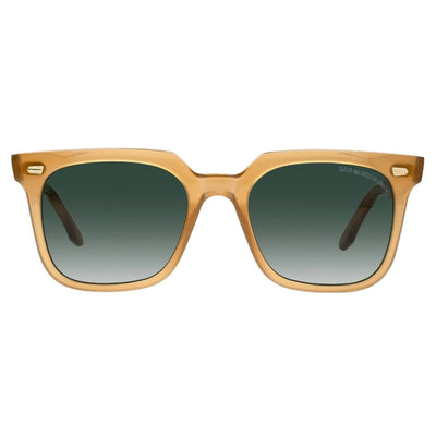 Sunglasses with a brown frame and dark lenses.