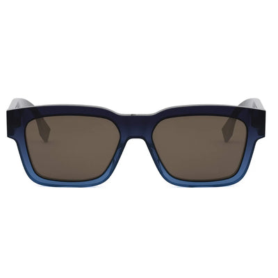 A pair of square sunglasses with a translucent blue acetate frame and dark brown lenses.