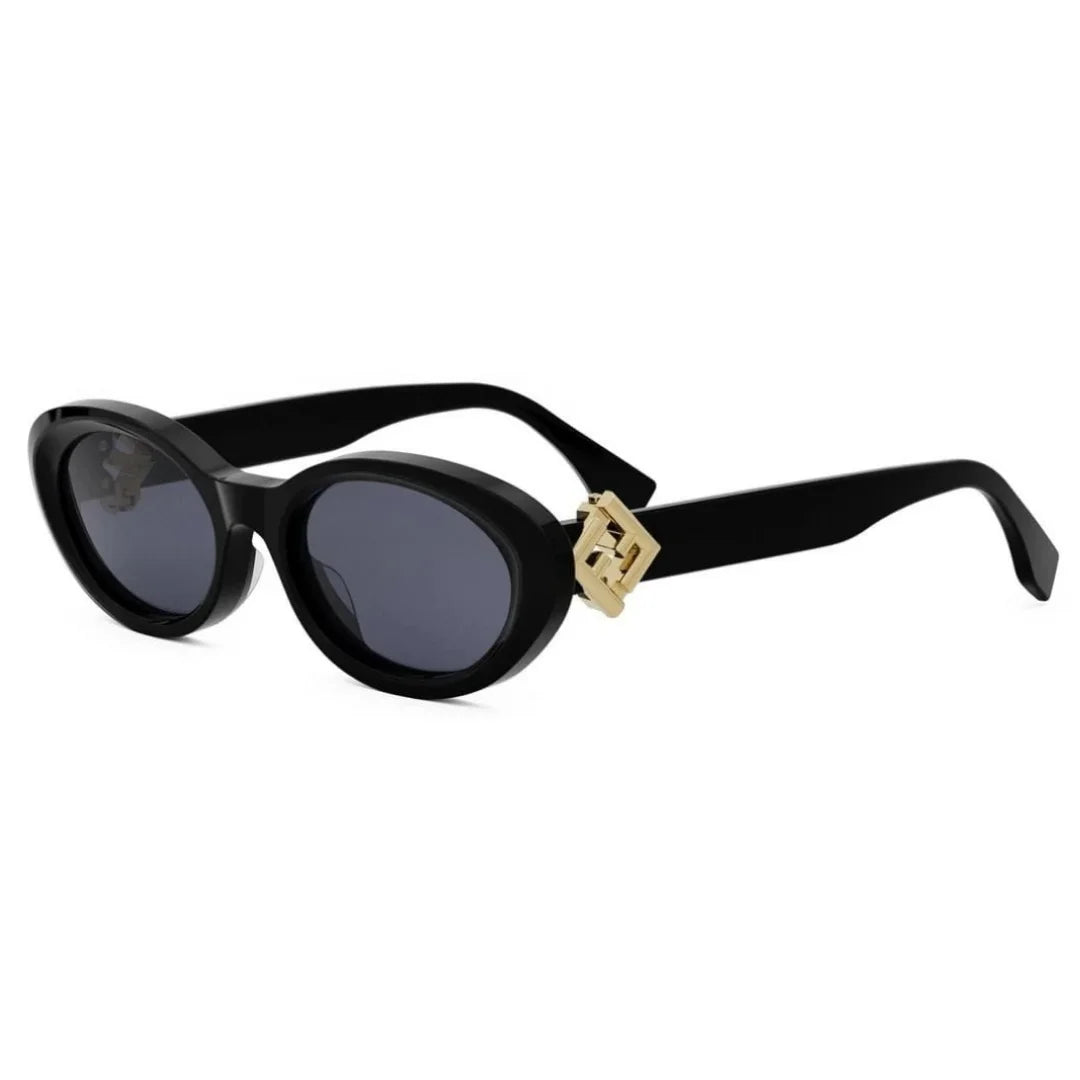 Oval black frame with dark grey lenses and Fendi lock logo on the temples.