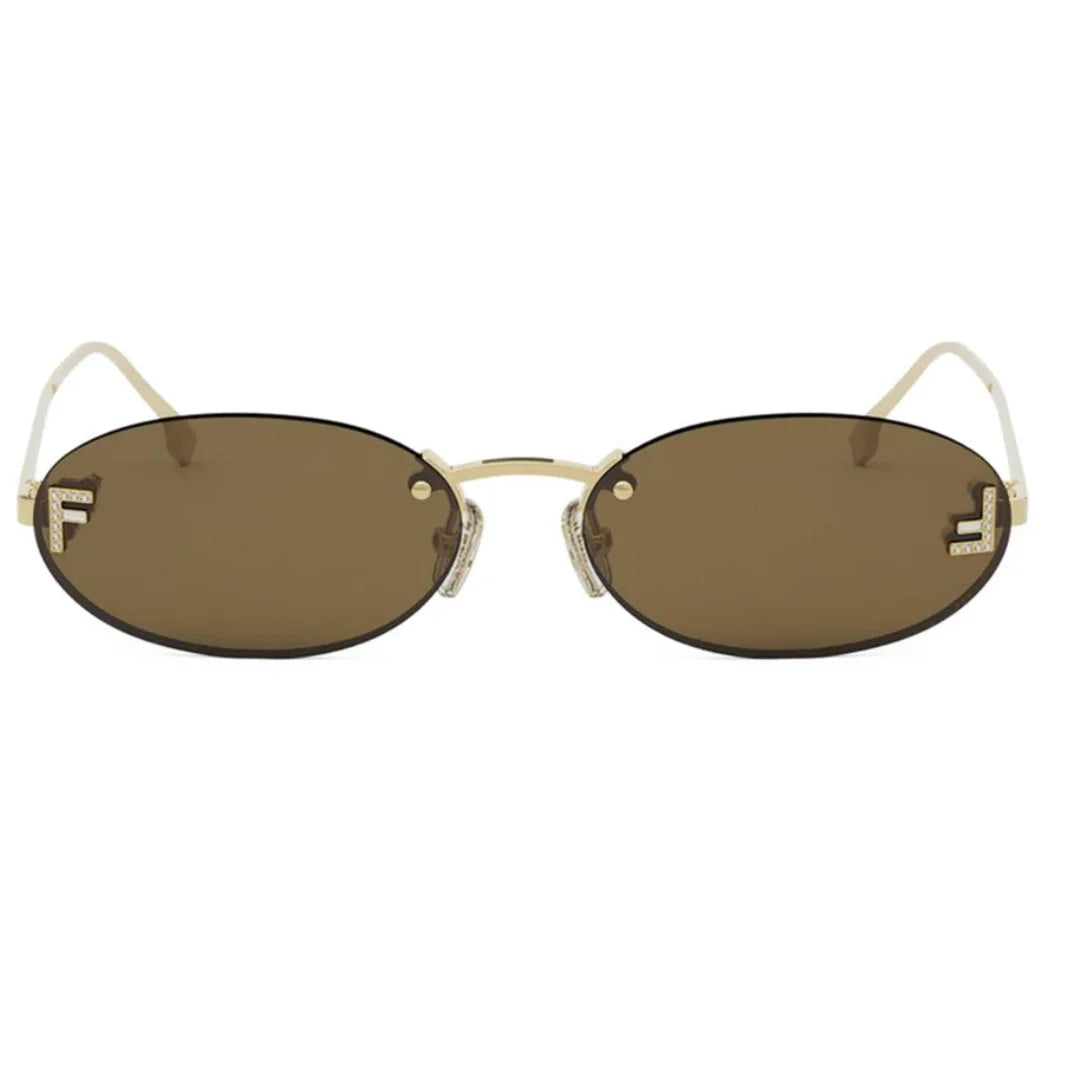 Fendi oval rimless sunglasses with brown lenses, a gold metal frame, and the signature F logo on the temples, shown against a plain white background.