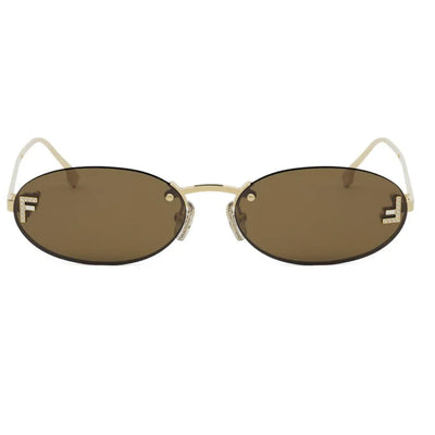 Fendi oval rimless sunglasses with brown lenses, a gold metal frame, and the signature F logo on the temples, shown against a plain white background.