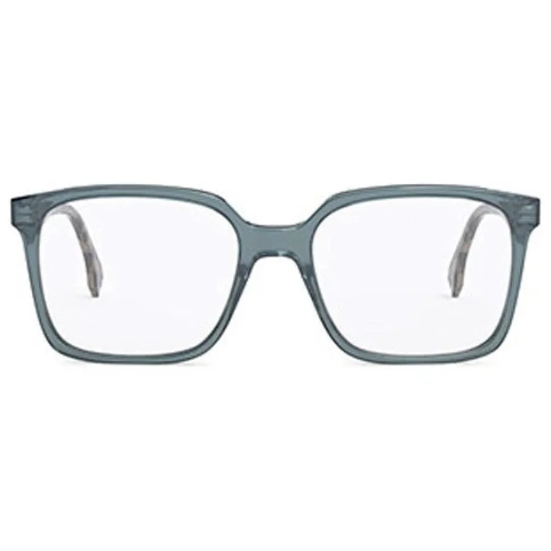 A pair of square-frame eyeglasses with a translucent smoky gray-blue acetate frame and clear lenses, shown against a plain white background.