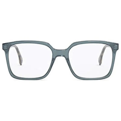 A pair of square-frame eyeglasses with a translucent smoky gray-blue acetate frame and clear lenses, shown against a plain white background.