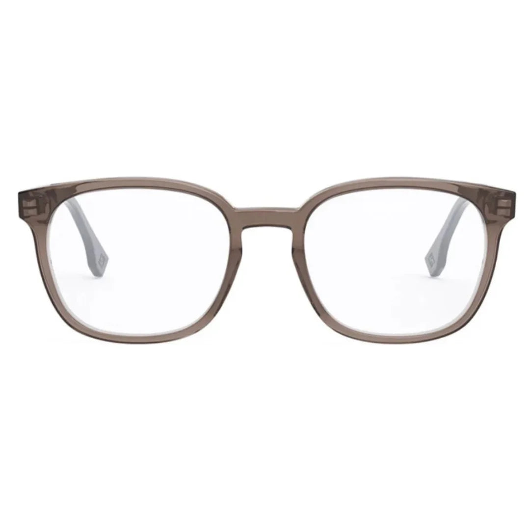 A pair of semi-transparent brown eyeglass frames with clear lenses, shown from the front against a plain white background.