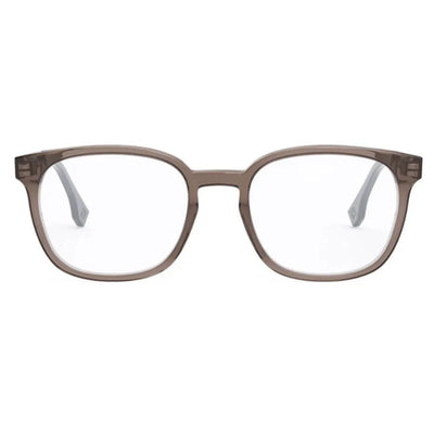 A pair of semi-transparent brown eyeglass frames with clear lenses, shown from the front against a plain white background.