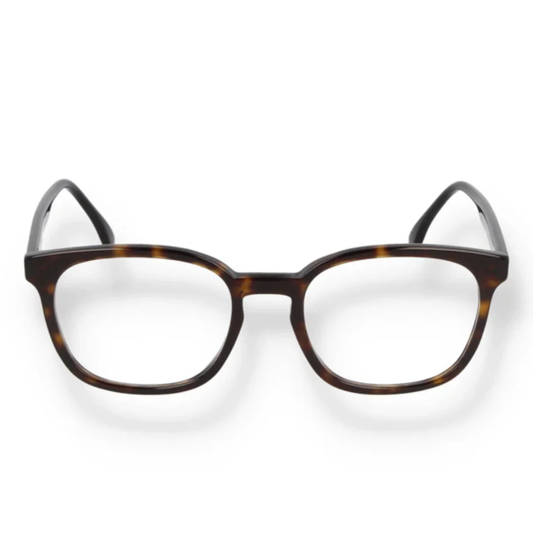 A pair of eyeglasses with a thick, rounded square frame in a classic tortoiseshell pattern of dark brown and amber, shown against a plain white background.