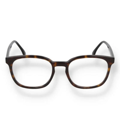 A pair of eyeglasses with a thick, rounded square frame in a classic tortoiseshell pattern of dark brown and amber, shown against a plain white background.