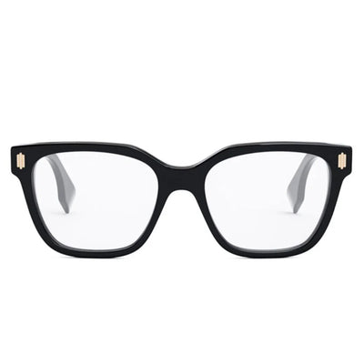 Black cat-eye eyeglasses with clear lenses and small gold metal accents on the temples, shown against a plain white background.