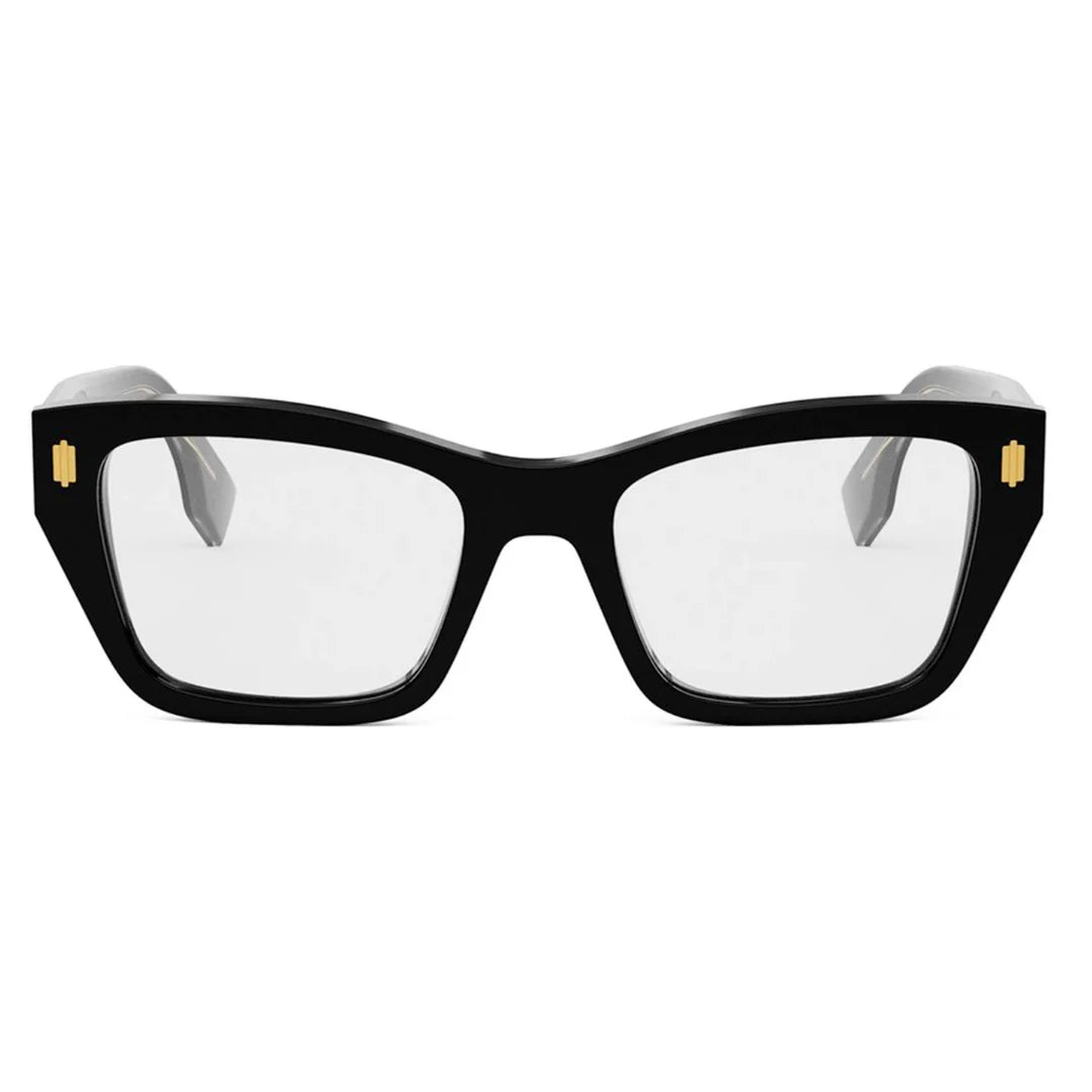 Black cat-eye eyeglasses with clear lenses and small gold metal accents on the temples, shown against a plain white background.
