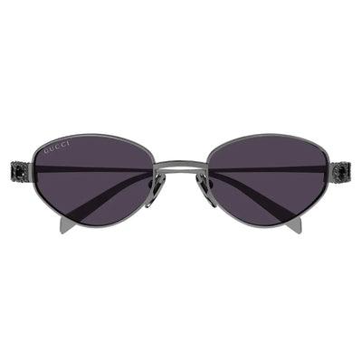 Gucci oval sunglasses with dark gray frames, dark gray lenses, and crystal-accented temples on a white background.