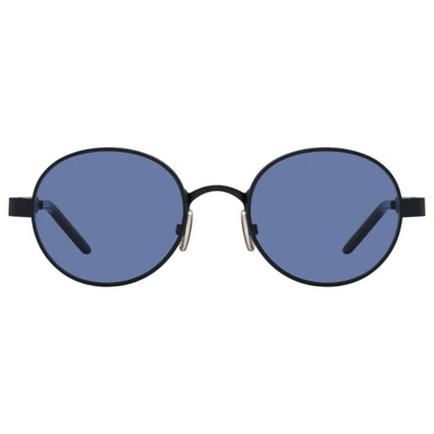 Oval sunglasses with a thin black metal frame and muted blue lenses, shown from a front-facing perspective on a solid white background.