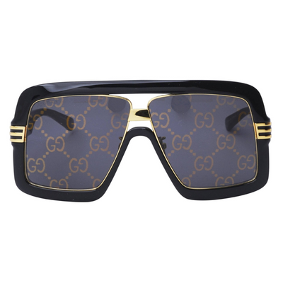 Gucci Sunglasses with black frame, gold accents, and patterned lenses on a white background