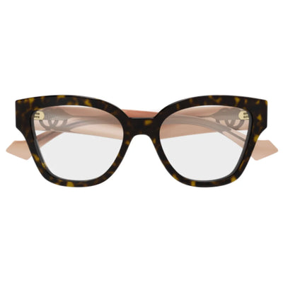 A pair of Gucci cat-eye eyeglasses featuring a dark brown and black tortoiseshell acetate frame with gold metal hinges and clear lenses, shown against a plain white background.
