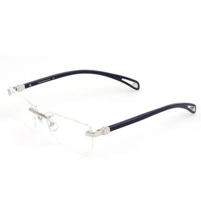 Navy blue eyeglasses with silver accents.