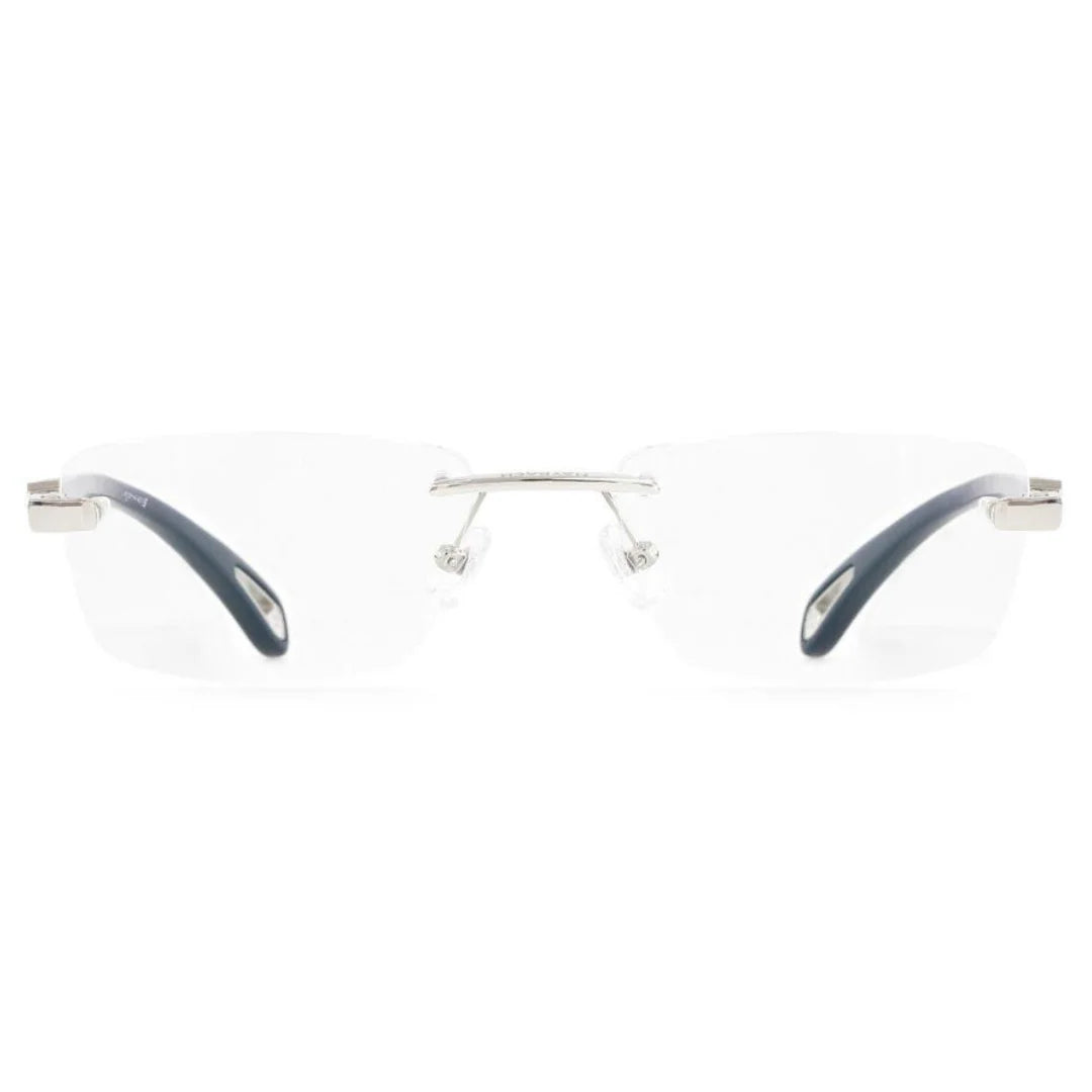 Eyeglass frames with blue and silver design.
