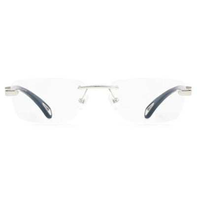 Eyeglass frames with blue and silver design.