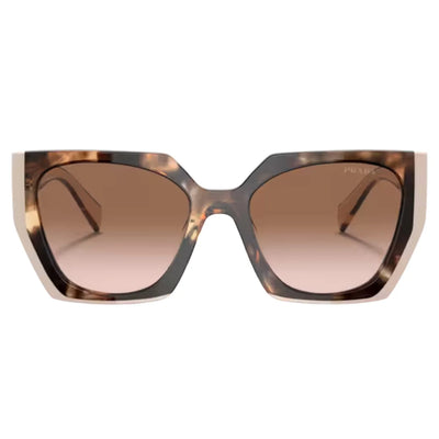 Prada oversized square sunglasses with a brown and black tortoiseshell acetate frame and gradient brown lenses, shown against a plain white background.
