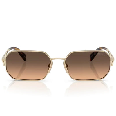 Prada square sunglasses with a gold-tone metal frame, brown gradient lenses, and tortoiseshell temple tips, shown on a white background with a reflection.