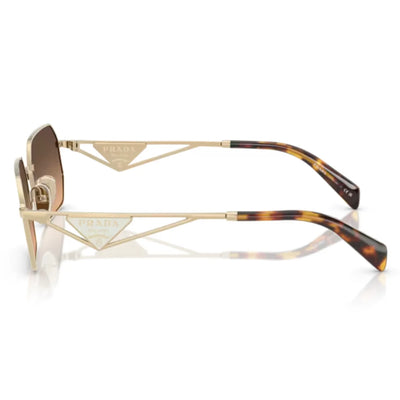 Prada sunglasses featuring a gold-tone metal frame with geometric triangular details, brown lenses, and tortoiseshell temple arms on a white background.