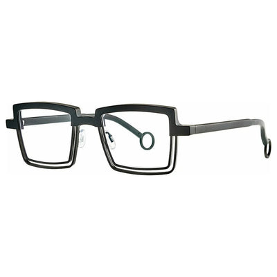 A pair of square-framed eyeglasses with a glossy black acetate frame and clear lenses, shown from a three-quarters angle on a plain white background.