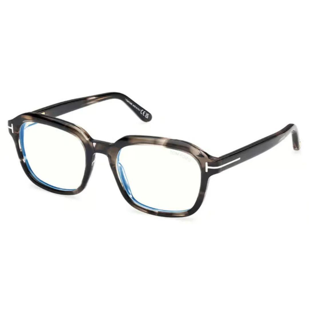 Tom Ford TF6060B 056 53 Frame has a grey and black tortoiseshell acetate frame and clear lenses.