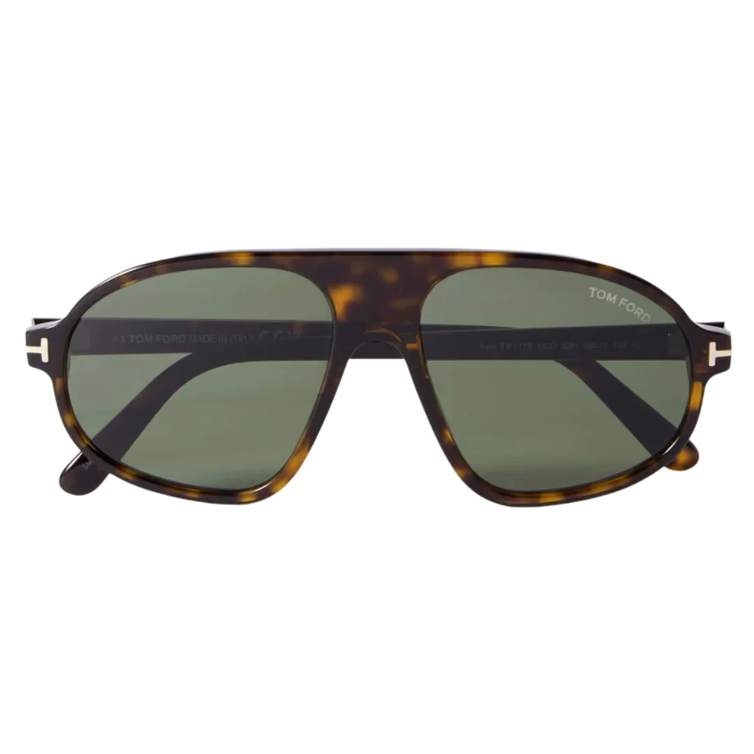 Tom Ford aviator sunglasses with a dark brown and amber tortoiseshell acetate frame and dark green tinted lenses.