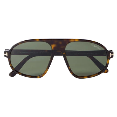 Tom Ford aviator sunglasses with a dark brown and amber tortoiseshell acetate frame and dark green tinted lenses.