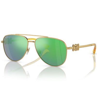 Gold-framed aviator sunglasses with mirrored green lenses, featuring a double bridge and an ornate gold temple with a decorative emblem, shown on a white background with a soft reflection.