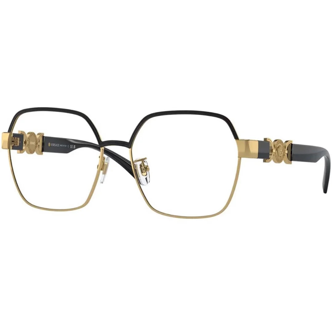 A pair of designer eyeglasses featuring a black and gold geometric frame with ornate gold metal details on the hinges and temples, set against a plain white background.