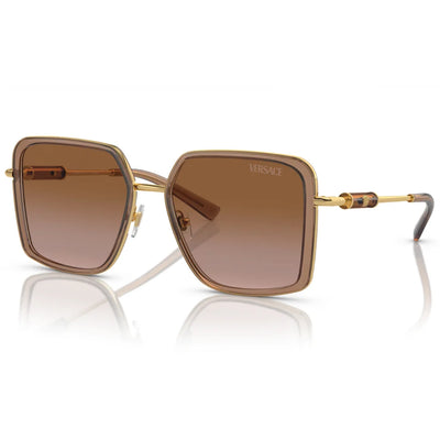 Versace square sunglasses with brown gradient lenses and gold metal frames, displayed on a clean white background with a soft reflection.