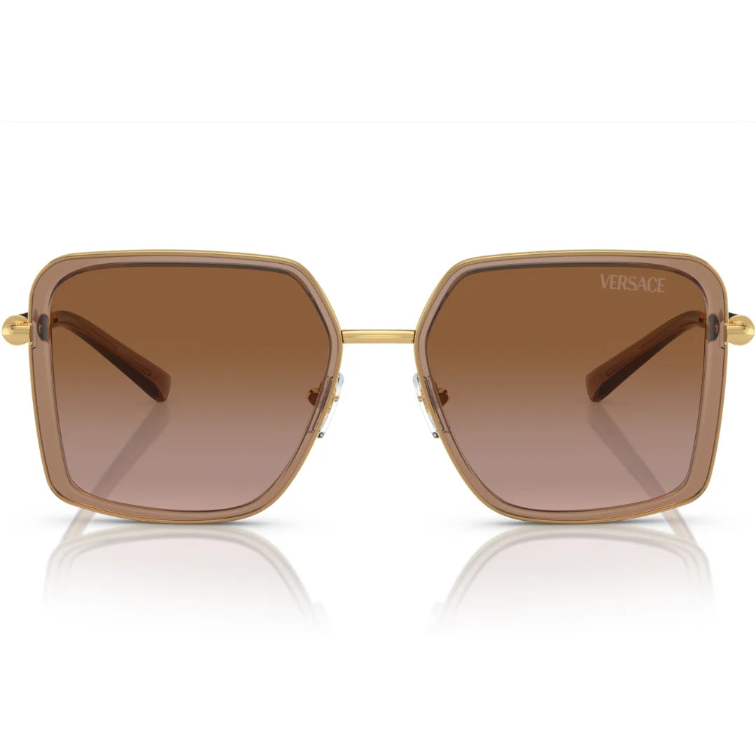 Versace square sunglasses with a gold-tone metal frame and brown gradient lenses, shown on a white background with a soft reflection.