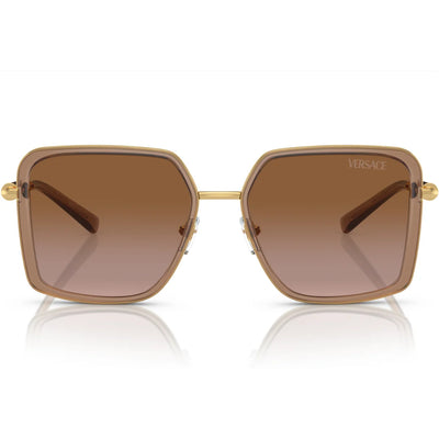 Versace square sunglasses with a gold-tone metal frame and brown gradient lenses, shown on a white background with a soft reflection.
