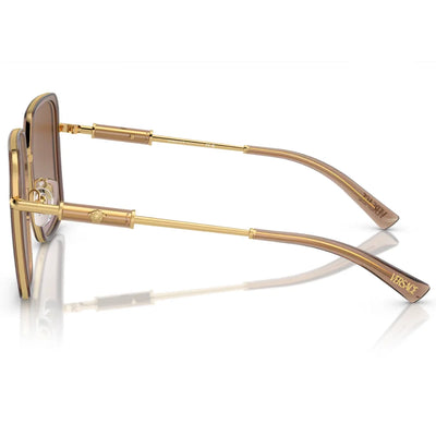 Gold-framed square sunglasses with brown tinted lenses and slim temples, shown on a clean white background with a soft reflection.