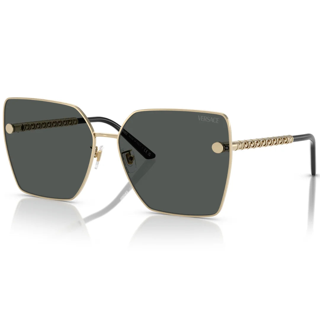 Versace square sunglasses with dark gray lenses, a gold-tone metal frame, and a signature chain-link detail on the temples.