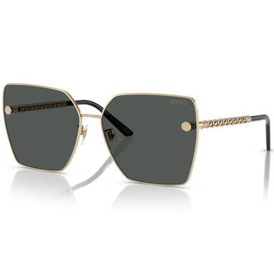 Versace square sunglasses with dark gray lenses, a gold-tone metal frame, and a signature chain-link detail on the temples.