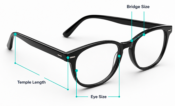 Eyeglasses with bridge size, eye size, and temple length labelled